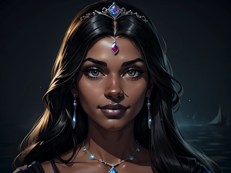 masterpiece, best quality, realistic, 1girl , quiet and charming , 23 year old, a smirk, closed mouth, ((black skin)), round nose, portrait, extremely detailed face, cold and smirk, Jewelry on neck, ((sliver eyes)), ((Black long hair)), [thick eyebrows], ((princess)), blue royal dress, dim light, water background
