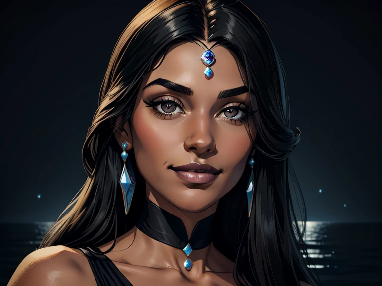 masterpiece, best quality, realistic, 1girl , quiet and charming , 23 year old, a smirk, closed mouth, ((black skin)), round nose, portrait, extremely detailed face, cold and smirk, Jewelry on neck, ((sliver eyes)), ((Black long hair)), [thick eyebrows], ((princess)), blue royal dress, dim light, water background
