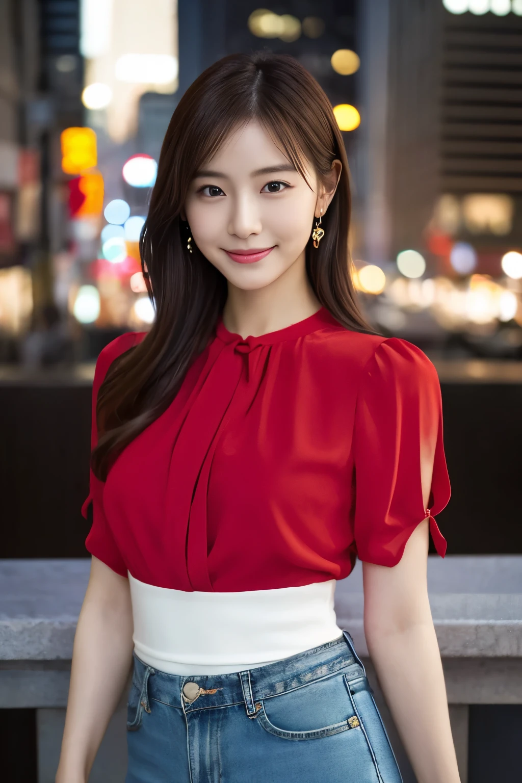 1 girl, (wearing a red blouse:1.2), Beautiful Japan actress,
(RAW photo, highest quality), (realistic, Photoreal:1.4), masterpiece, 
very delicate and beautiful, very detailed, 2k wallpaper, wonderful, 
finely, very detailed CG Unity 8K 壁紙, super detailed, High resolution, 
soft light, beautiful detailed girl, very detailed目と顔, beautifully detailed nose, beautiful and fine eyes, 
cinematic lighting, Against the backdrop of the cityscape at night, city lights, perfect anatomy, slender body, smile