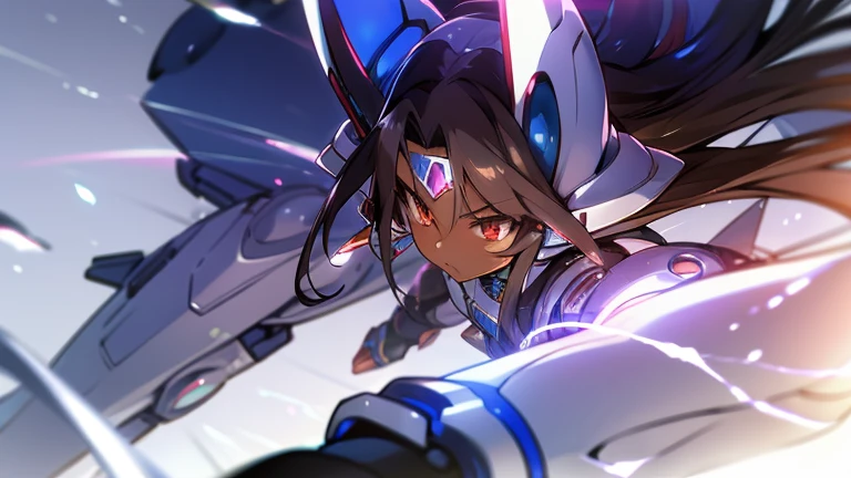 Masterpiece, best quality, highres, amazing quality, devouring the starry sky, tenchi muyo, , (male), (8 year old boy), (shota), (Dark skin), cute, red eyes, very long dark brown hair, blue gem on forehead, white mecha musume armour, white exosuit armour, black powersuit, white mecha armour legging, long black mecha tail, badass, cool, shounen, close up,  mecha funnels, 