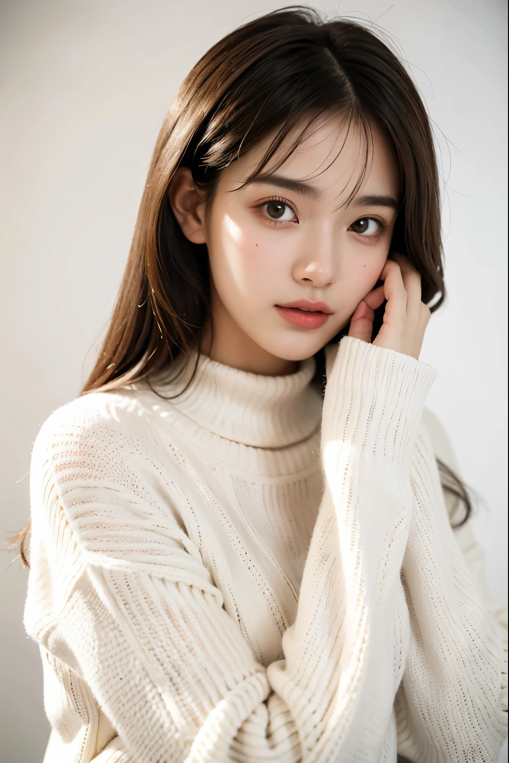 (best quality,realistic),girl wearing a sweater,white background,soft lighting,artistic portrait,neutral colors