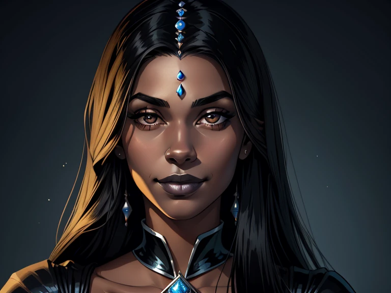 masterpiece, best quality, realistic, 1girl , quiet and charming , 23 year old, a smirk, closed mouth, ((black skin)), round nose, portrait, extremely detailed face, cold and smirk, Jewelry on neck, ((sliver eyes)), ((Black long hair)), [thick eyebrows], ((princess)), blue royal dress, dim light, water background