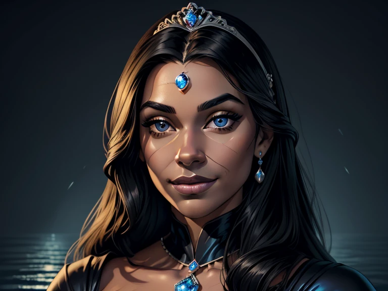 masterpiece, best quality, realistic, 1girl , quiet and charming , 23 year old, a smirk, closed mouth, ((black skin)), round nose, portrait, extremely detailed face, cold and smirk, Jewelry on neck, ((sliver eyes)), ((Black long hair)), [thick eyebrows], ((princess)), blue royal dress, dim light, water background