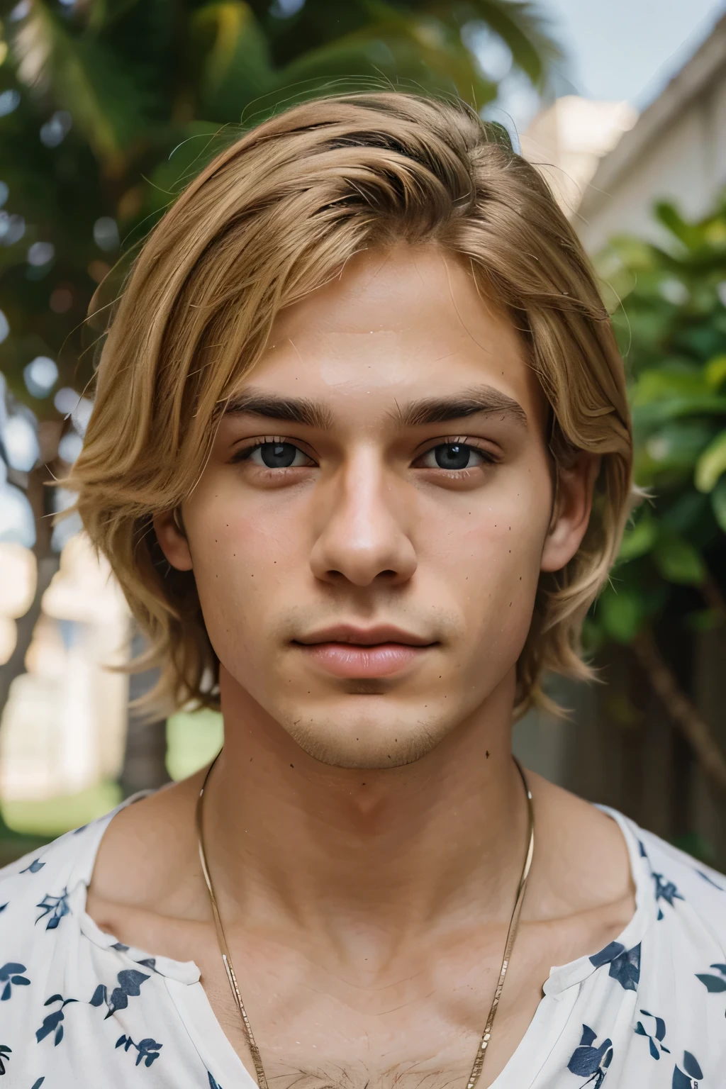 crie um jovem de aproximadamente 22 anos com cabelos loiros e olhos castanhos claros, vestindo uma capa branca, with a strict impression in Brazilian Portuguese with the words: Tiras de Podcast