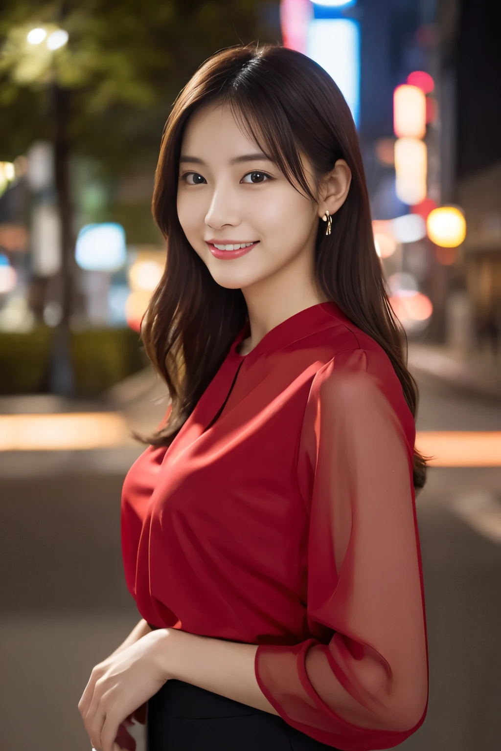 1 girl, (wearing a red blouse:1.2), Beautiful Japan actress,
(RAW photo, highest quality), (realistic, Photoreal:1.4), masterpiece, 
very delicate and beautiful, very detailed, 2k wallpaper, wonderful, 
finely, very detailed CG Unity 8K 壁紙, super detailed, High resolution, 
soft light, beautiful detailed girl, very detailed目と顔, beautifully detailed nose, beautiful and fine eyes, 
cinematic lighting, Against the backdrop of the cityscape at night, city lights, perfect anatomy, slender body, smile