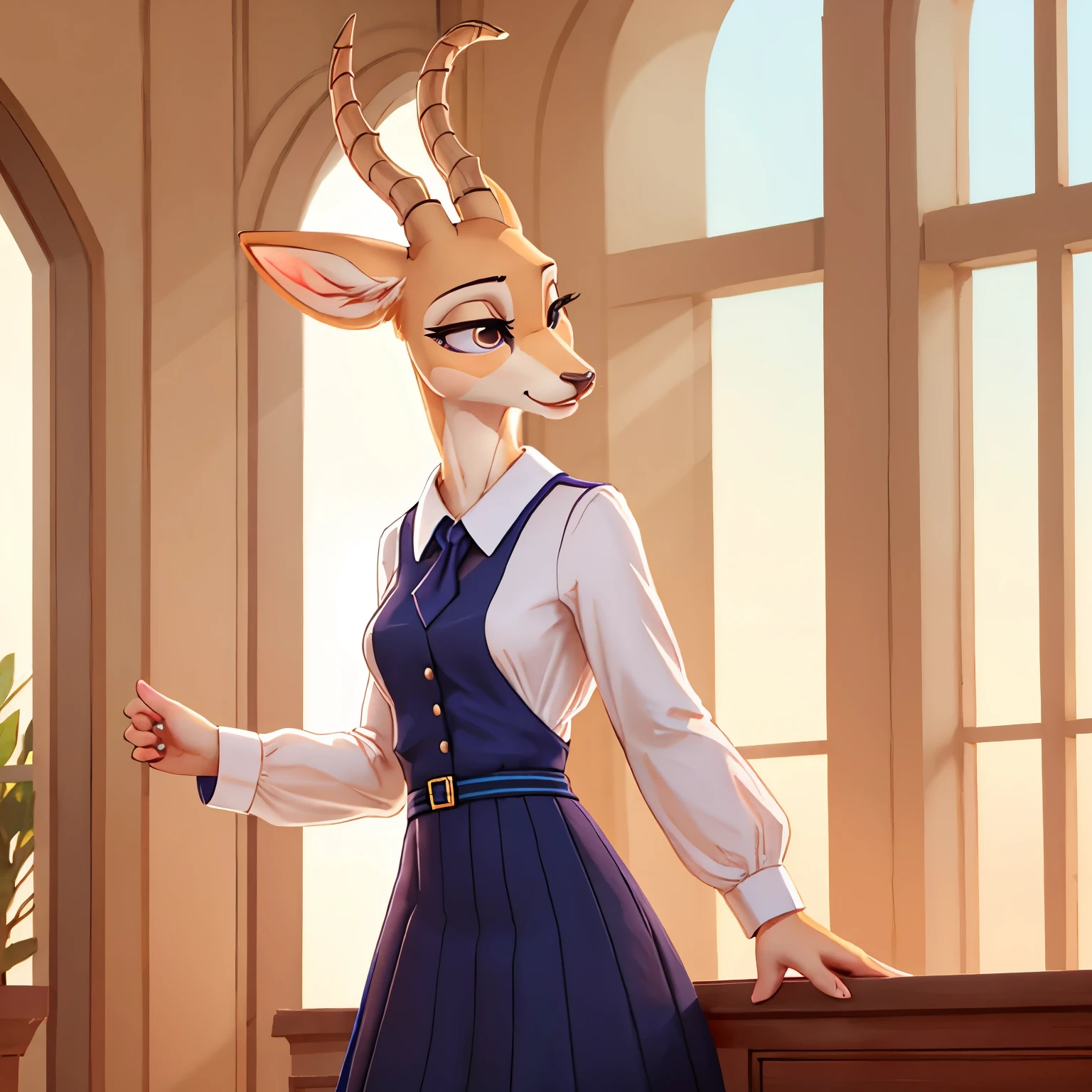 The female white gazelle in the Beastars universe emanates a serene and ethereal beauty. With a slender frame and pristine white fur, she exudes grace and purity. Wearing the Cherryton Academy girl's uniform, she combines sophistication with a gentle and kind vibe. Her movements are fluid and graceful, leaving a lasting impression of her tranquil and compassionate presence in the academy.