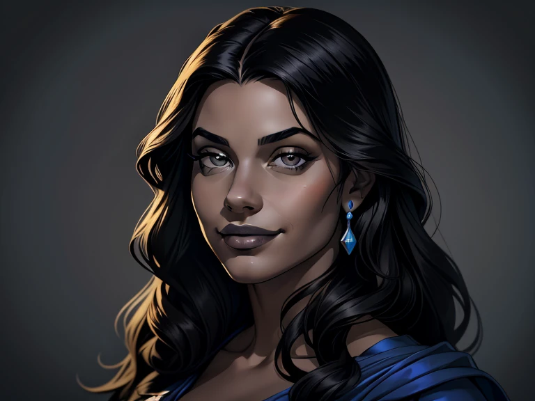 masterpiece, best quality, realistic, 1girl , quiet and charming , 23 year old, a smirk, closed mouth, ((black skin)), round nose, portrait, extremely detailed face, cold and smirk, ((light gray eyes)), ((Black long hair)), [thick eyebrows], ((princess)), blue royal dress, dim light, water background