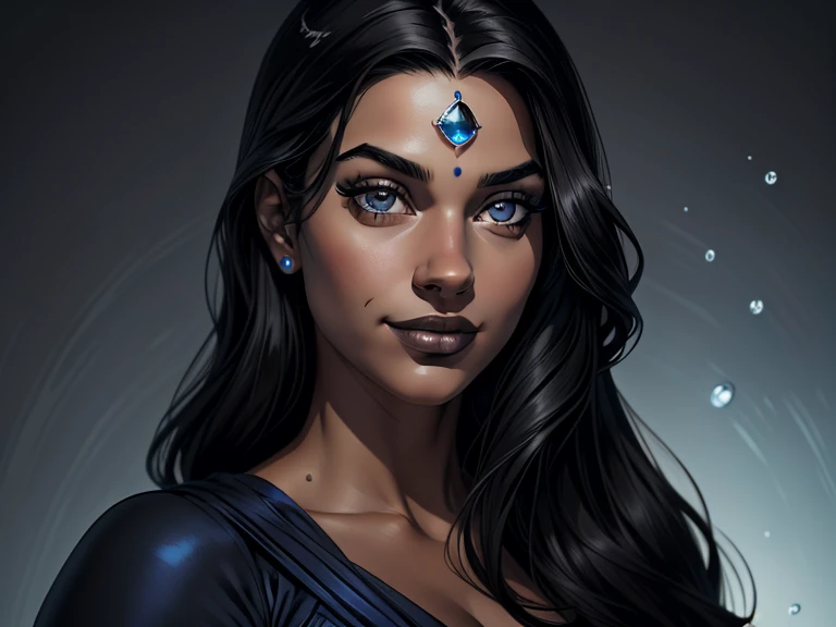masterpiece, best quality, realistic, 1girl , quiet and charming , 23 year old, a smirk, closed mouth, ((black skin)), round nose, portrait, extremely detailed face, cold and smirk, ((light gray eyes)), ((Black long hair)), [thick eyebrows], ((princess)), blue royal dress, dim light, water background