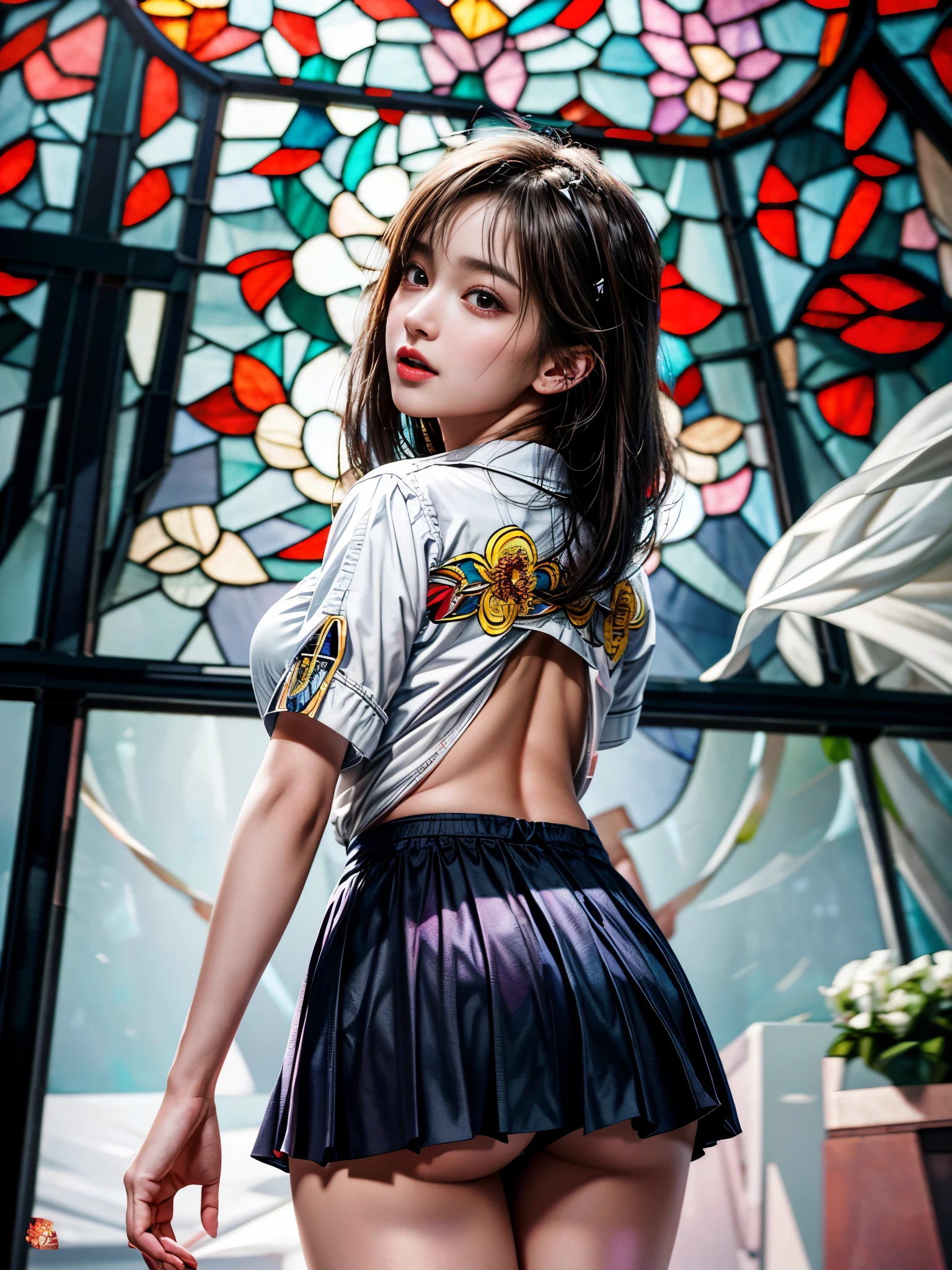 (NSFW:-1, Volumetric lighting) . White and Red, (Dazzling colorful light pours down and reflects:1.2), (Physically-based Rendering with incredible detailed Textures), Award-winning Masterpiece of professional Analogue photograpy, { (((Photorealistic:1.37))) | (Hasselblad with F2.8) }, (((Acutance:0.85), { from below | from side } )) . ((A group photo of many KAWAII girls in (school uniform)) with visible Overflowing Cleavage) and Navel without bra . (((Extremely detailed KAWAII face variations)) with joyful expressions), { Glossy cute Lips Closeup | Detailed natural eyes with sparkling highlights and long eyelashes | Rosy cheeks | Navel | (pretty Ass) | (Overflowing underboob) | Oiled ivory skin Details | White panties with (blood seeping only in crotch area) | ((full of Flowers covering girl's body:1.15)) | (((Dazzling colorful stained glass with stunning elaborate details:1.2))) | Mystic sight | A Halo ling in the air | God rays | Haze | Lens flare | Luminescent particles | Kissing face to face } . Ultra-detailed, (Exposed:0.8), (((Nipple:-0.99))), (Dutch angle:-1) .