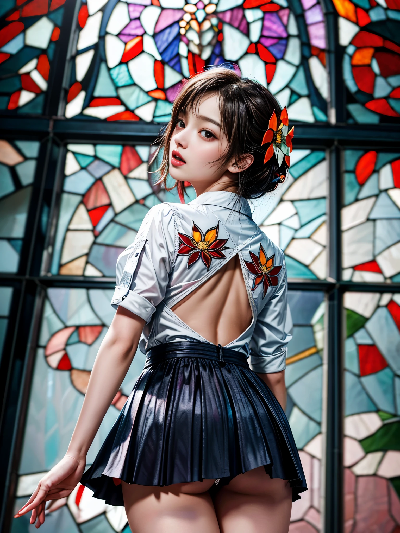 (NSFW:-1, Volumetric lighting) . White and Red, (Dazzling colorful light pours down and reflects:1.2), (Physically-based Rendering with incredible detailed Textures), Award-winning Masterpiece of professional Analogue photograpy, { (((Photorealistic:1.37))) | (Hasselblad with F2.8) }, (((Acutance:0.85), { from below | from side } )) BREAK . ((A group photo of many KAWAII girls in (school uniform)) with visible Overflowing Cleavage) and Navel without bra . (((Extremely detailed KAWAII face variations)) with joyful expressions), { Glossy cute Lips Closeup | Detailed natural eyes with sparkling highlights and long eyelashes | Rosy cheeks | Navel | (pretty Ass) | (Overflowing underboob) | Oiled ivory skin Details | White panties with (blood seeping only in crotch area) | ((full of Flowers covering girl's body:1.15)) | (((Dazzling colorful stained glass with stunning elaborate details:1.2))) | Mystic sight | A Halo ling in the air | God rays | Haze | Lens flare | Luminescent particles | Kissing face to face } . Ultra-detailed, (Exposed:0.8), (((Nipple:-0.99))) .