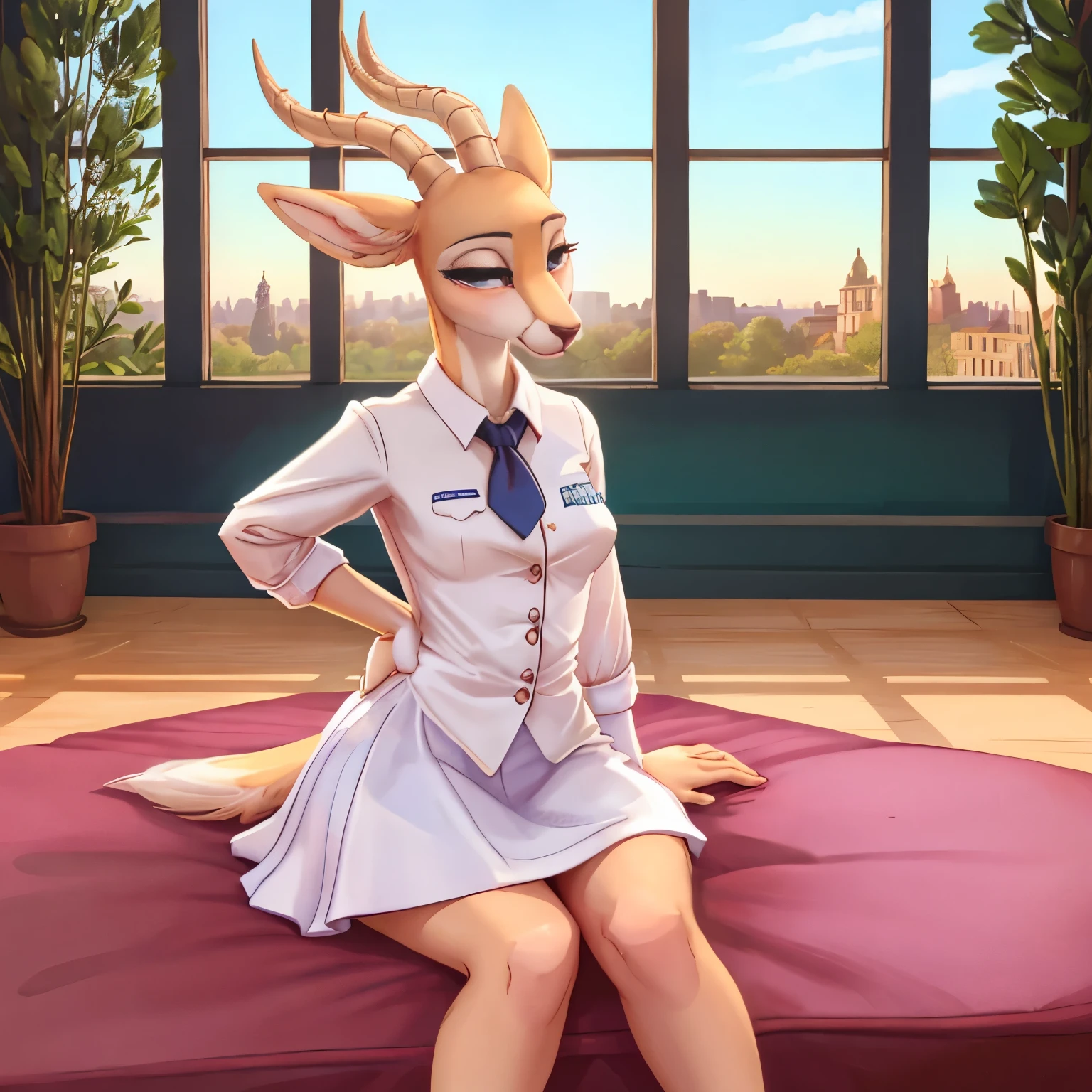 The female white gazelle in the Beastars universe emanates a serene and ethereal beauty. With a slender frame and pristine white fur, she exudes grace and purity. Wearing the Cherryton Academy girl's uniform, she combines sophistication with a gentle and kind vibe. Her movements are fluid and graceful, leaving a lasting impression of her tranquil and compassionate presence in the academy.