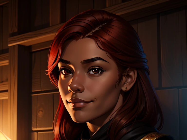 masterpiece, best quality, realistic, 1girl , quiet and charming , 13 year old, a smirk, closed mouth, ((black skin)), round nose, portrait, extremely detailed face, cold and smirk, baby face, ((dark brown eyes)), ((Red hair)), [thick eyebrows], ((peasant)), dim light, engines background