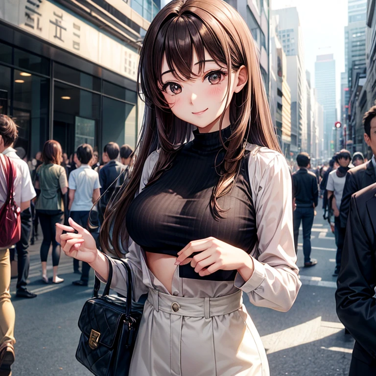 anime、beautiful girl、brown hair、black eyes shine、Change of clothes、morning smile、beautiful breasts、building、commute、crowd