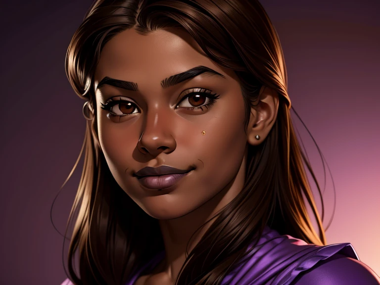 masterpiece, best quality, realistic, 1girl , quiet and charming , 13 year old, a smirk, closed mouth, ((black skin)), round nose, portrait, extremely detailed face, cold and smirk, baby face, ((brown eyes)), ((long Brown hair)), [thick eyebrows], purple dress ((princess)), dim light, engines background
