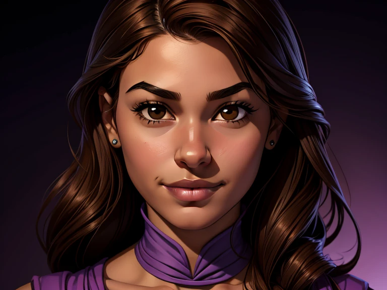 masterpiece, best quality, realistic, 1girl , quiet and charming , 13 year old, a smirk, closed mouth, ((black skin)), round nose, portrait, extremely detailed face, cold and smirk, baby face, ((brown eyes)), ((long Brown hair)), [thick eyebrows], purple dress ((princess)), dim light, engines background