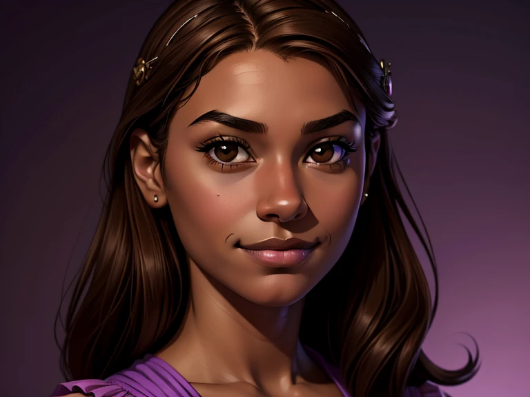 masterpiece, best quality, realistic, 1girl , quiet and charming , 13 year old, a smirk, closed mouth, ((black skin)), round nose, portrait, extremely detailed face, cold and smirk, baby face, ((brown eyes)), ((long Brown hair)), [thick eyebrows], purple dress ((princess)), dim light, engines background