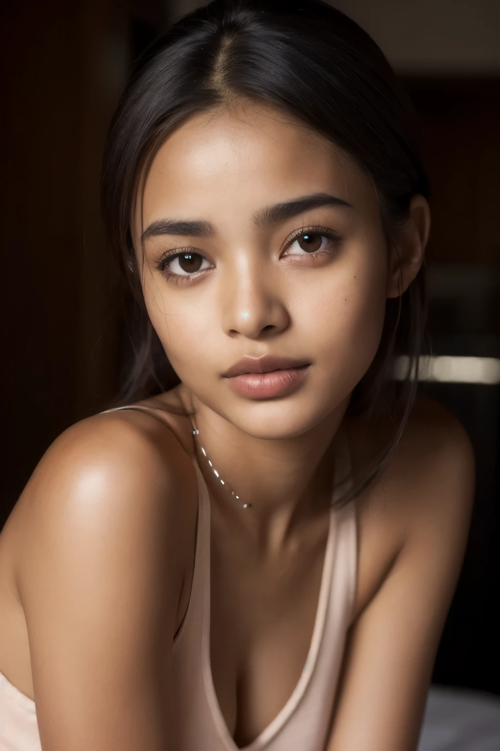 ((best quality)), ((mastebest quality, face focus, soft light, ultra high res, (photorealistic:1.4), RAW photo, black dark skin Ethiopian girl, solo, cute, (shy smile:0.5), (brown eyes, lights in the eyes), detailed, beautiful face, (high-resolution detail of human skin texture)), BREAK, in bed , vest, there is a woman that is standing in a kitchen with a plate, gorgeous black ethiopian face, photo of a beautiful woman, portrait sophie mudd, portrait of a beautiful model, flawless olive skin, east black african with round face, beautiful young face, young woman's face, soft portrait shot 8 k, photo of young woman, perfectly lit face, and a beautiful face naked full body, no clothing, full body