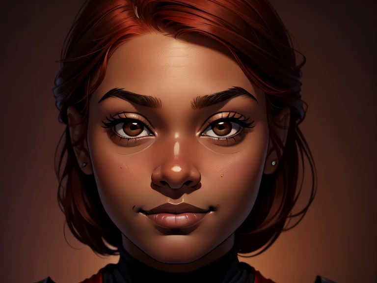 masterpiece, best quality, realistic, 1girl , quiet and charming , 13 year old, a smirk, closed mouth, ((black skin)), round nose, portrait, extremely detailed face, cold and smirk, ((baby face)), ((dark brown eyes)), ((Red hair)), [thick eyebrows], ((peasant)), dim light, Taylor background