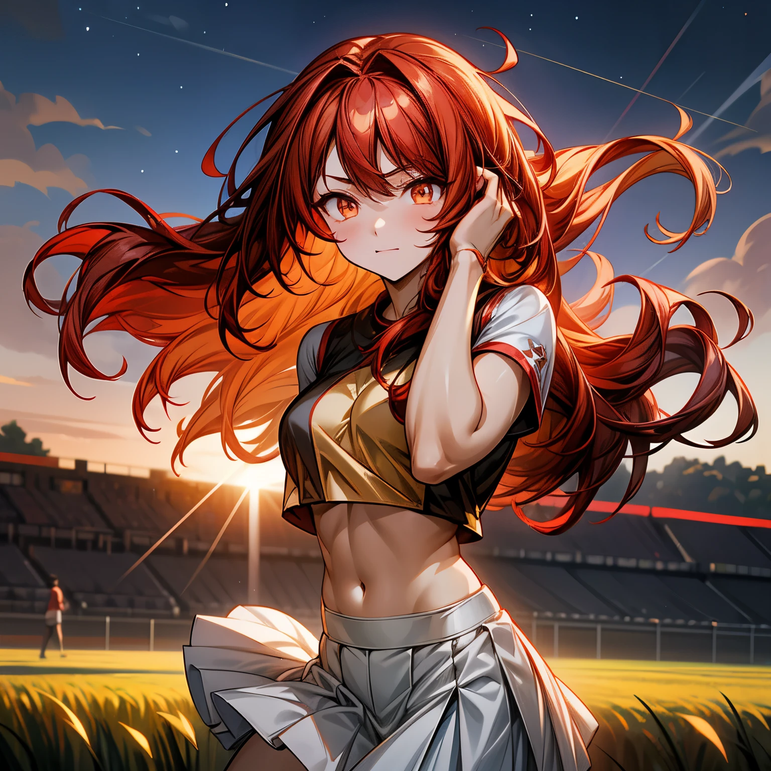 Anime girl, 1 anime girl, black and red hair, golden eyes, golden pupils, glowing eyes, thick hair, blown by the wind, crop top, skirt, blush, sunlight, starlight, stars, night, Sports field landscape, white skin, ref and white sport outfit, beautiful, happy pose, Hands behind 