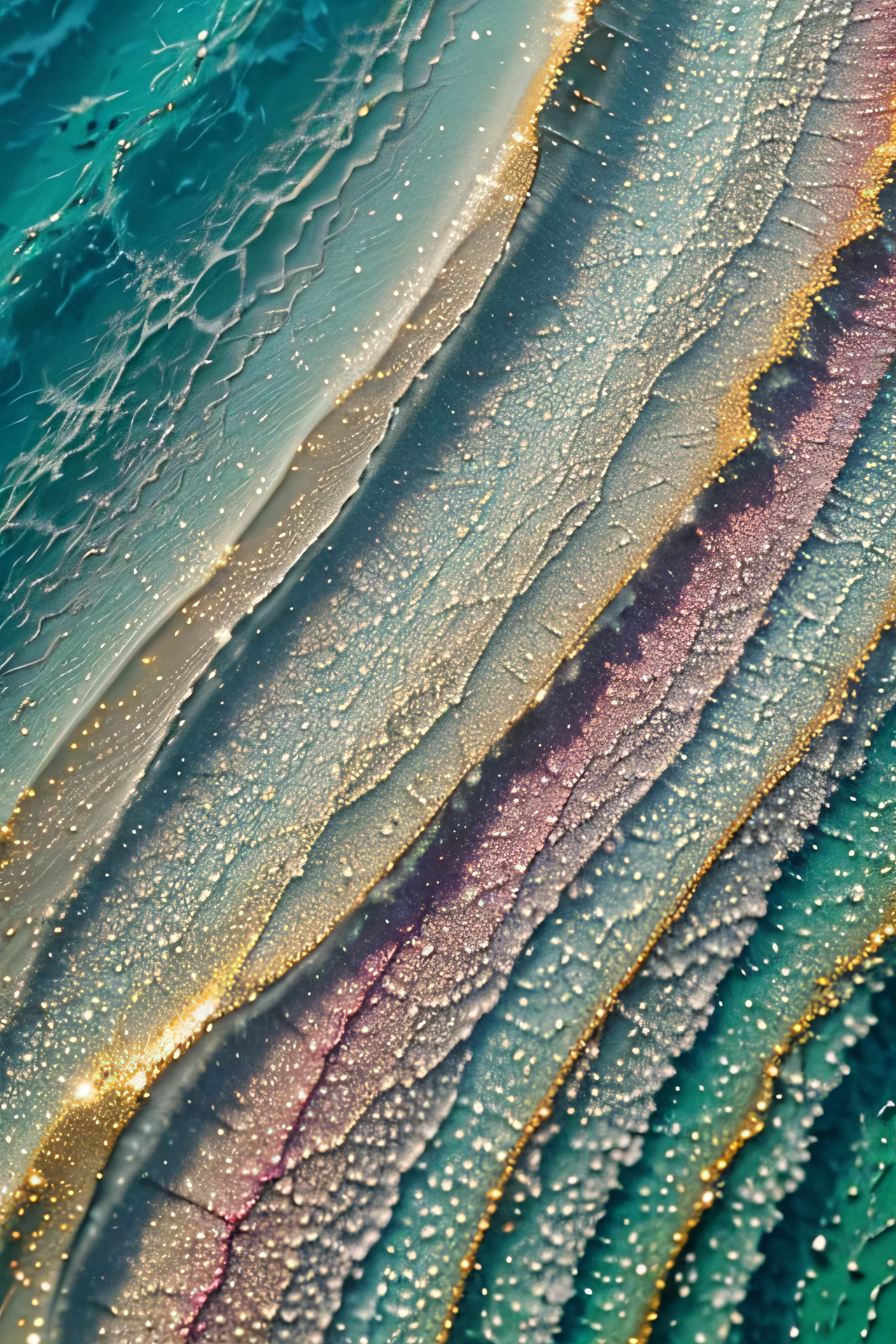Hermosos puntos y olas hechos de arte fluido., en verde menta, azul claro, colores plateado y magenta con polvo de oro brillante esparcido en cada color alterno, con finos hilos de oro dividiendo los colores. Brillo similar a la resina epoxi.