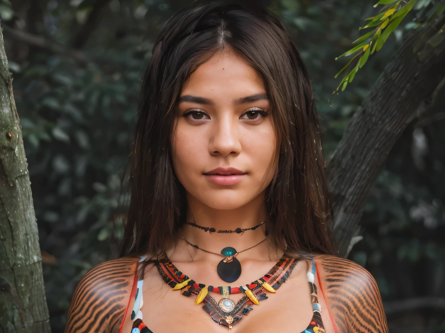 young pretty native woman, body paint, necklace, masterpiece, best quality, 8k, raw, canon 5d, f/1.8, iso 6400, RAW Photo, (Best Quality), (Ultra Sharp), (Ultra Realistic), (Ultra Resolution), (Ultra Detailed), (Ultra Detailed) Definition), 8k, HD, realistic image, DSLR, detailed skin, detailed face, hyper realistic, (highly detailed skin: 1.2), 8k uhd, dslr, soft lighting, high quality, film grain, Fujifilm XT3