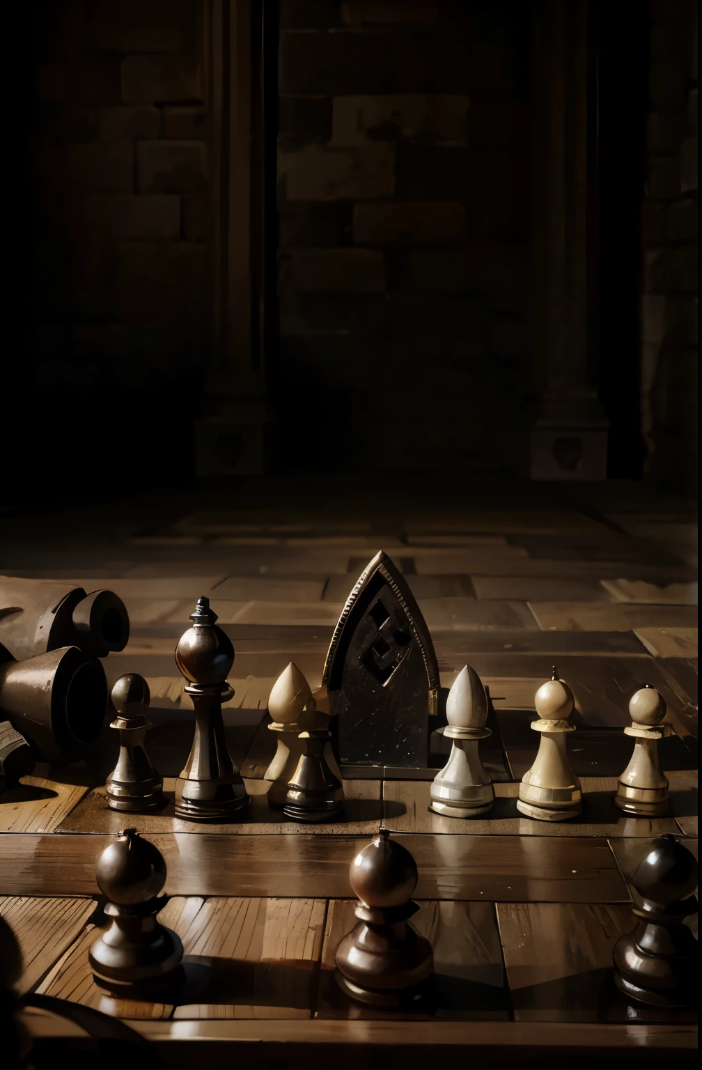 Un jeu d'échecs ancien et usé devant un château style gothique créant une atmosphère mystérieuse et unique