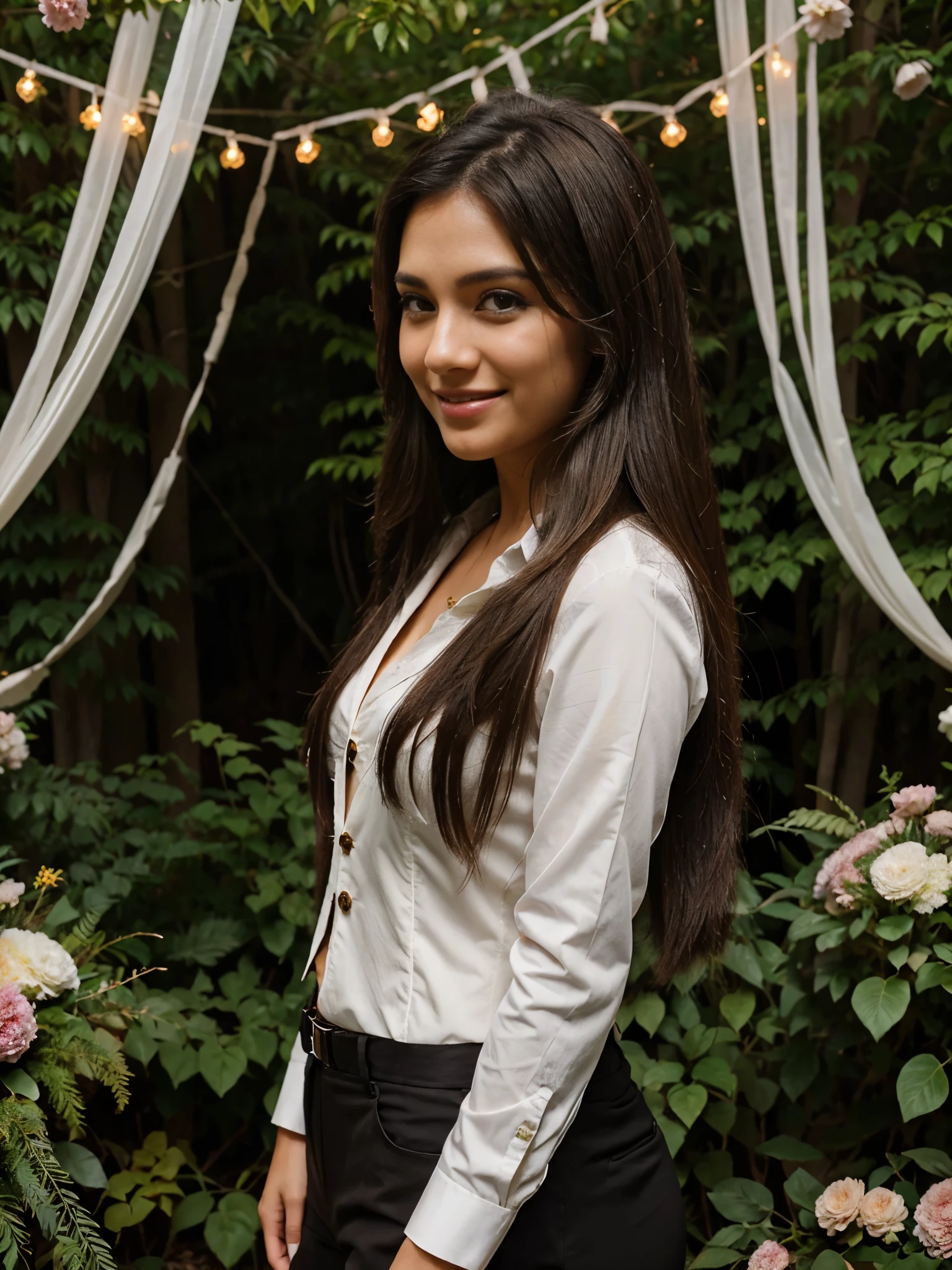 side pose a beautiful brown American woman, wearing professional suite blazer and shirt, smiling, friendly expression , posing infront of wedding stage full of flowers and decorations in forest, long straight black hairs, flirty look, straight hairs, brown eyes, brown hairs, realistic skin texture, realistic photography