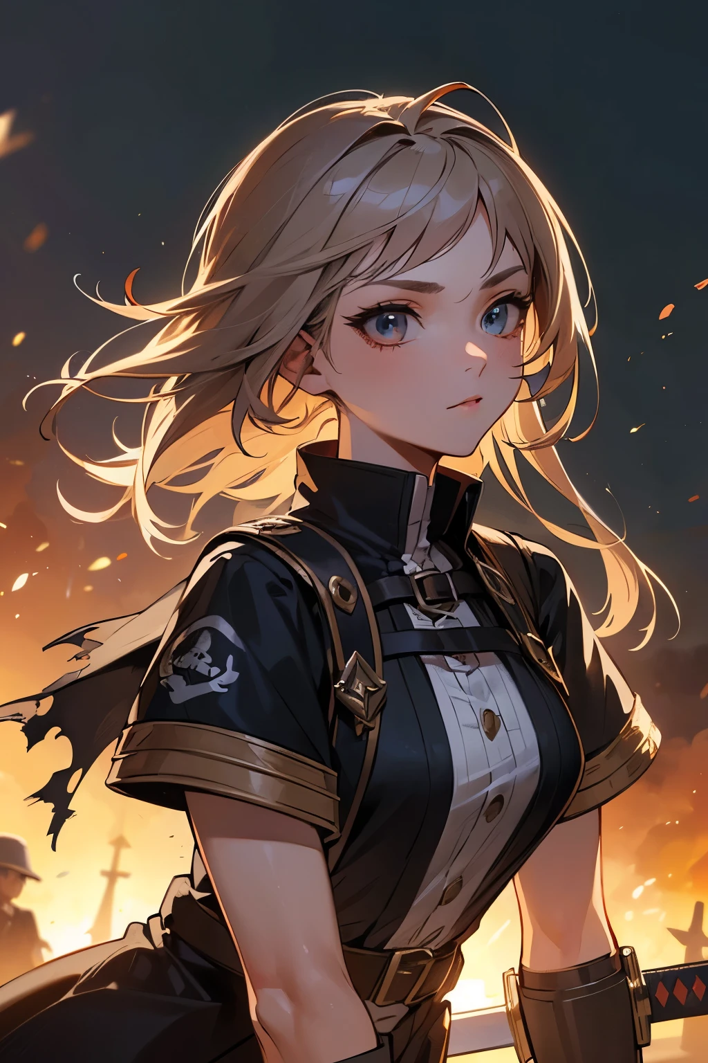 (Ultra quality:1.2), (Ultra detailed:1.2), (Ultra detailed clothes:1.2), (Ultra detailed face:1.2), (Ultra detailed eyes:1.2), (Ultra detailed body:1.2), (Ultra detailed weapons:1.2), young pirate girls, torn clothes, different hair colors, sword fights, battlefield in the background, fire in the background, night