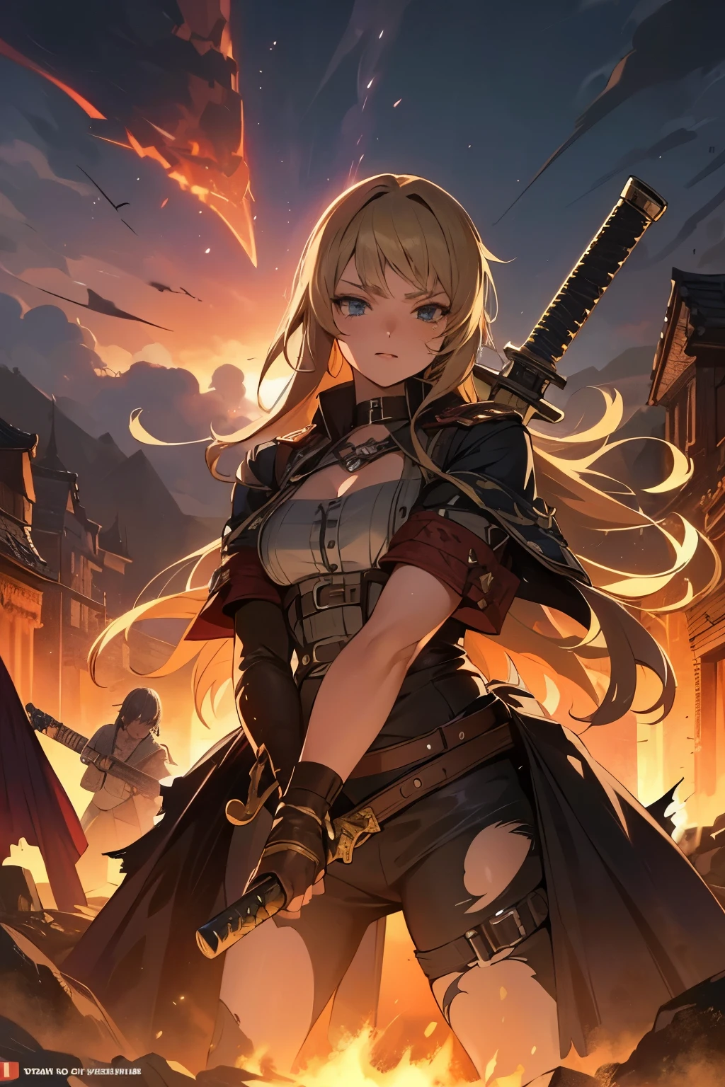 (Ultra quality:1.2), (Ultra detailed:1.2), (Ultra detailed clothes:1.2), (Ultra detailed face:1.2), (Ultra detailed eyes:1.2), (Ultra detailed body:1.2), (Ultra detailed weapons:1.2), young pirate girls, torn clothes, different hair colors, sword fights, battlefield in the background, fire in the background, night