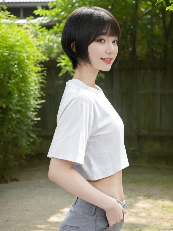top-quality,masterpiece,Raw photography,8K,Top image quality,hight resolution, 18 years old Japanese female idol ,Beautuful Women,cute Japanese girls, Pretty Woman ,Beautiful face in every detail, aegyo sal ,small head, seductive smile ,Realistic human skin, pale skin ,cut model , Short hair ,bowl cut ,skinny body ,Sweat, t-shirts,rib ,(low rise pants,from side, put one's hand inside one's clothes ), navel focus, arched back,