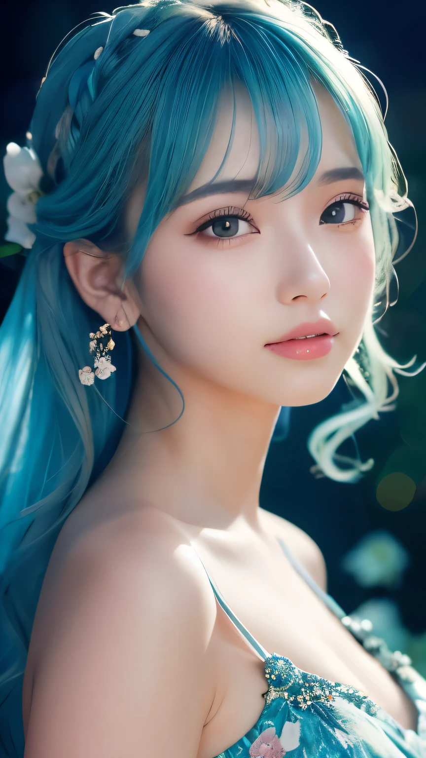 {{masterpiece}}, {{highest quality}}, {{Super detailed}}, {{figure}}, cinematic lighting,Beautiful delicate shine, dynamic angle, written boundary depth, light_leak, wonderful, small details, 4K, 8K, japanese idol, blue hair, elegant model, azure sky, flower garden, green grassland, calm expression, Shining warm colors, Natural attractions, blue bura, curl hair,