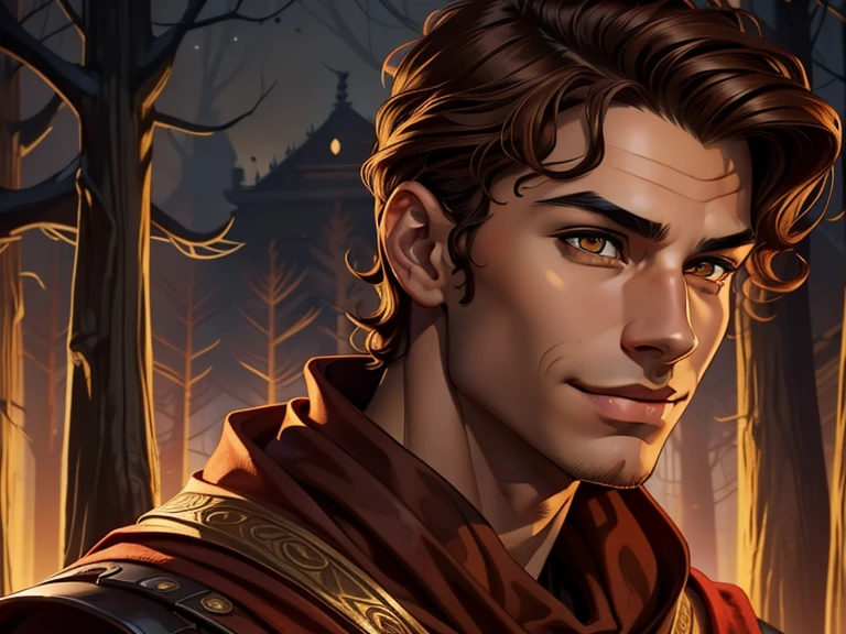 masterpiece, best quality, realistic, 1boy, male, quiet and charming young boy, 16 year old, a smirk, closed mouth, ((black skin)), portrait, extremely detailed face, cold and smirk, ((honey eyes)), ((short wavy brown hair)), [thick eyebrows], dark palace, red scarf on neck ((civilian)), dim light, evil, woods background