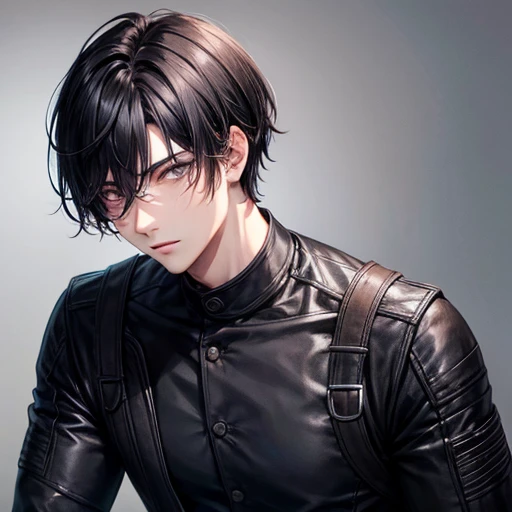 Adult male, young man, black hair, long eyes, short wolf cut, rough clothing, slanted eyes, center part hair