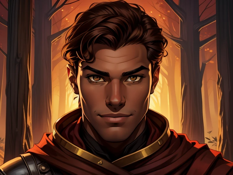 masterpiece, best quality, realistic, 1boy, male, quiet and charming young boy, 16 year old, a smirk, closed mouth, ((black skin)), portrait, extremely detailed face, cold and smirk, ((honey eyes)), ((short wavy brown hair)), [thick eyebrows], dark palace, red scarf on neck ((civilian)), dim light, evil, woods background