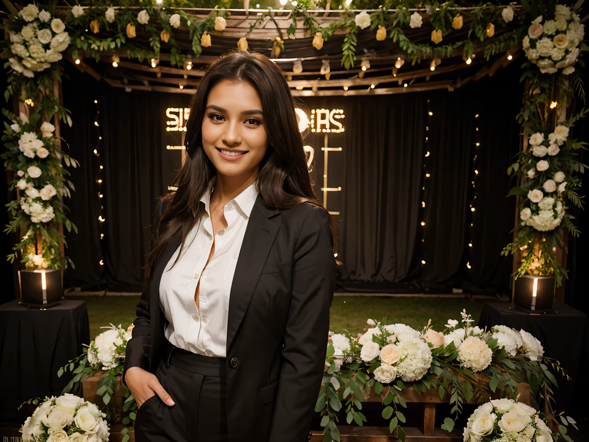 side pose a beautiful brown American woman, wearing professional suite blazer and shirt, smiling, friendly expression , posing infront of wedding stage full of flowers and decorations in forest, modern lightings and stage decoration, long straight black hairs, flirty look, straight hairs, brown eyes, brown hairs, realistic skin texture, realistic photography