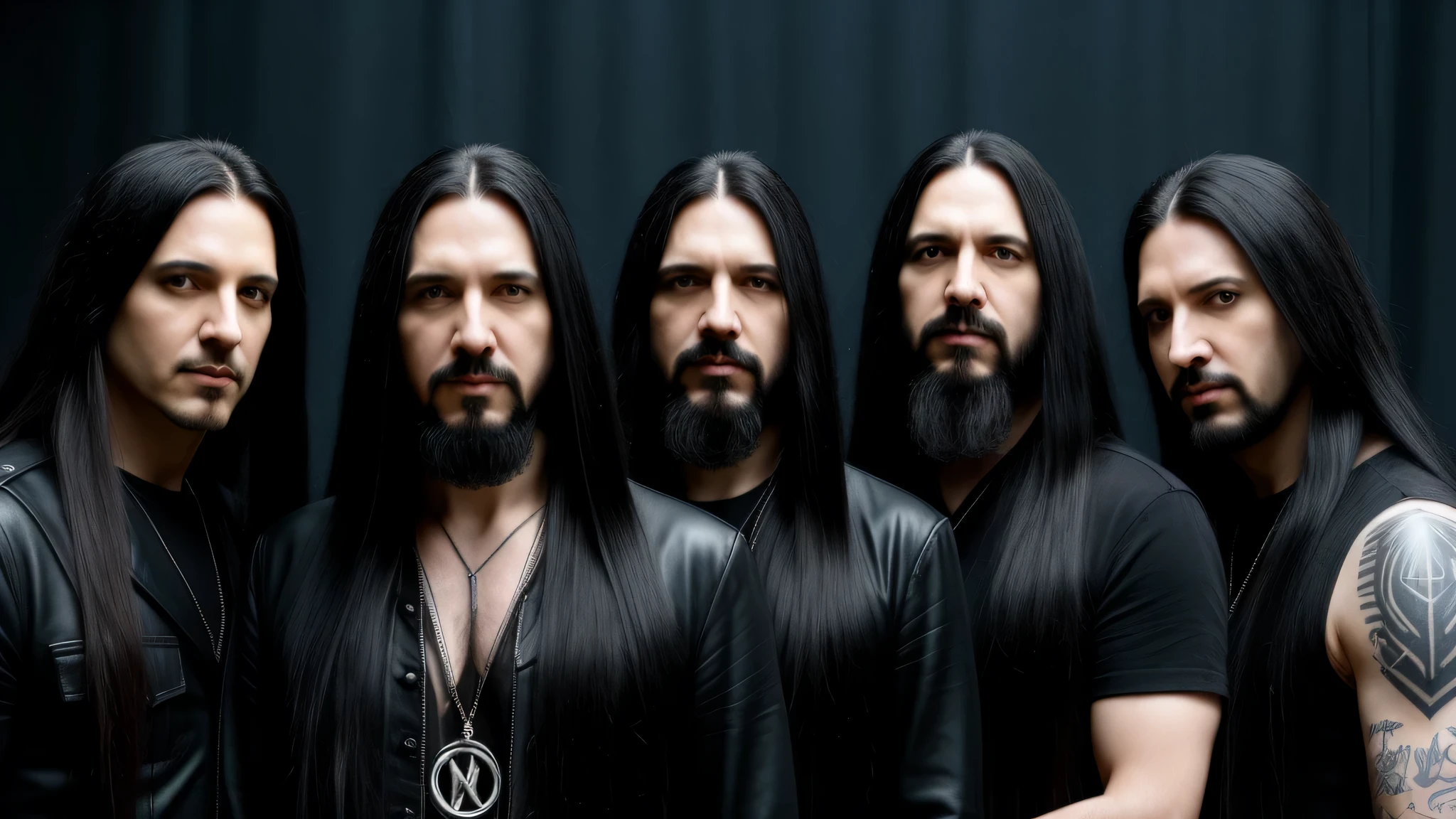 man with long black hair and beard standing next to two other men, with his long black hair, dream theater, heavy rock band promo photo, heavy metal band promo, with long black hair, long dark hairs, proto - metal band promo, long raven hair, long dark hair, disturbed, sleek metal head, endless black hair, promotional shot