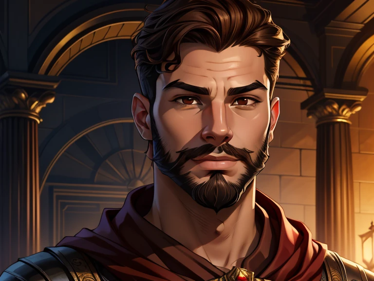 masterpiece, best quality, realistic, 1boy, male, quiet and charming young boy, 16 year old, a smirk, closed mouth, ((black skin)), portrait, extremely detailed face, cold and smirk, ((brown eyes)), ((short wavy brown hair)), [thick eyebrows], lightly beard, dark palace, red scarf on neck ((civilian)), dim light, evil, graden background