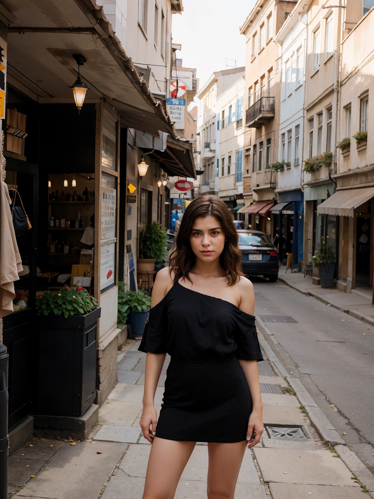 A woman with medium hair just below the shoulder expressive eyes she is happy standing on a street realistic image in the shade 