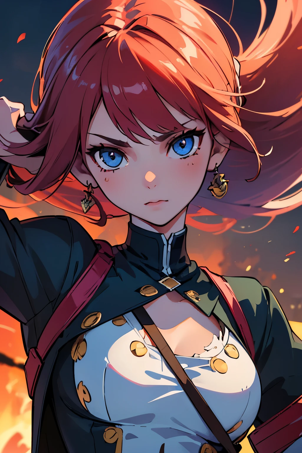 (Ultra quality:1.2), (Ultra detailed:1.2), (Ultra detailed clothes:1.2), (Ultra detailed face:1.2), (Ultra detailed eyes:1.2), (Ultra detailed body:1.2), (Ultra detailed weapons:1.2), young pirate girls, torn clothes, different hair colors, sword fights, battlefield in the background, fire in the background, night