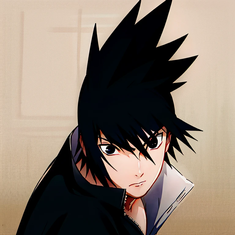 obra de arte, melhor qualidade, ultra-detalhado, illustration, Sasuke Uchiha A man with black hair and black eyes looks at the camera with a serious look on his face, imagem preto e branco