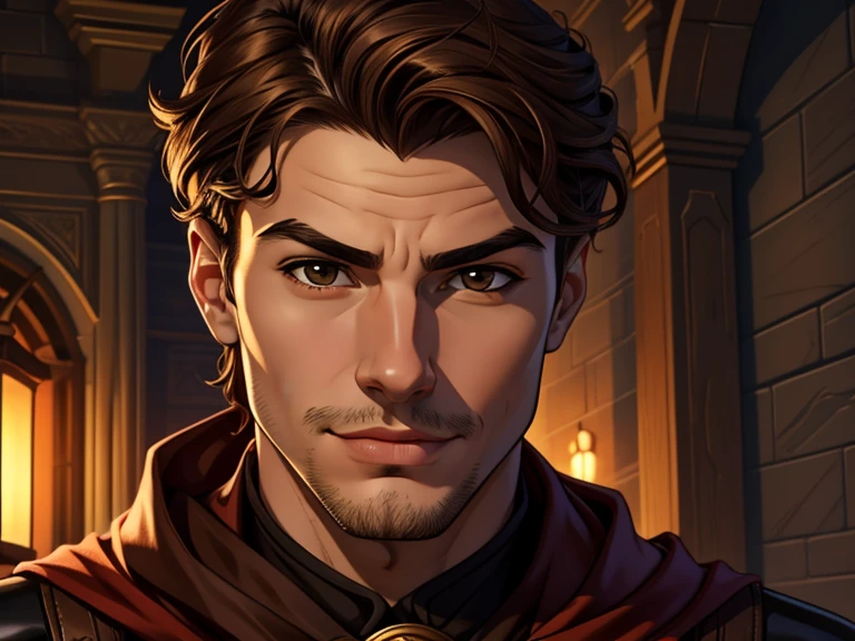 masterpiece, best quality, realistic, 1boy, male, quiet and charming young boy, , a smirk, closed mouth, ((black skin)), portrait, extremely detailed face, cold and smirk, ((brown eyes)), ((short wavy brown hair)), [thick eyebrows], Little hair on his chin, dark palace, red scarf on neck ((civilian)), dim light, evil, graden background