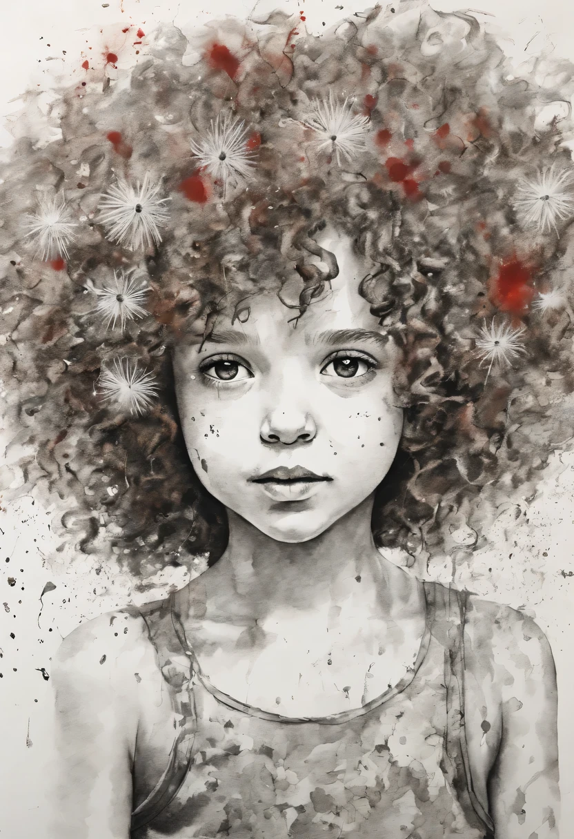 splashes of ink, Ink splash art, Drawing with ink splashes, Portrait of a curly red-haired girl with dandelions, dandelion fairy, Lush curly red hair, high detail, Best quality