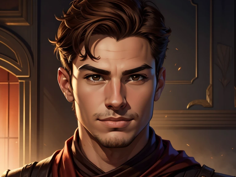 masterpiece, best quality, realistic, 1boy, male, quiet and charming young boy, 16 year old, a smirk, closed mouth, ((black skin)), portrait, extremely detailed face, cold and smirk, ((brown eyes)), ((short brown hair)), [thick eyebrows], Little hair on his chin, dark palace, red scarf on neck ((civilian)), dim light, evil, graden background