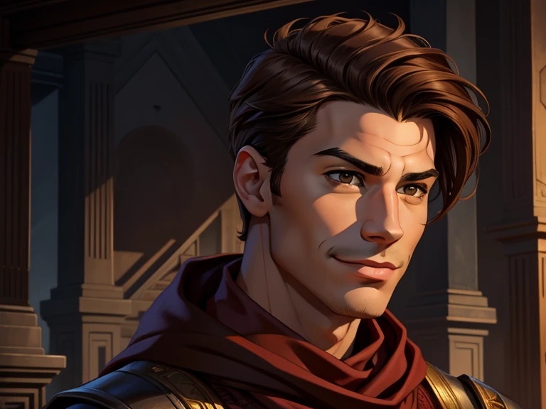 masterpiece, best quality, realistic, 1boy, male, quiet and charming young boy, 16 year old, a smirk, closed mouth, ((black skin)), portrait, extremely detailed face, cold and smirk, ((brown eyes)), ((short brown hair)), [thick eyebrows], Little hair on his chin, dark palace, red scarf on neck ((civilian)), dim light, evil, graden background