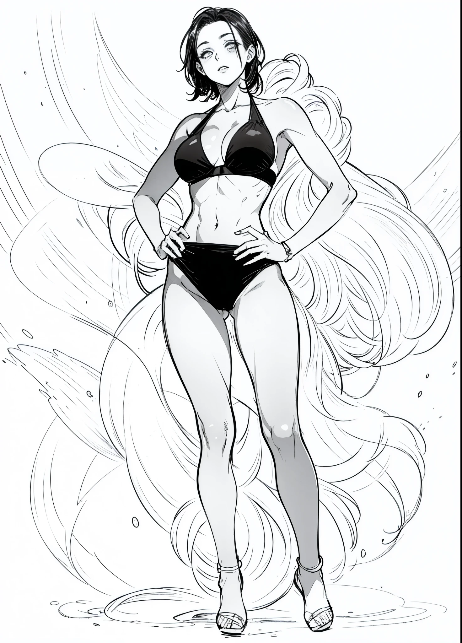 a woman in a black bikini top and black panties,perfect and proportional body,model with attractive body, 2 4 year old female model,full body picture,black and white color,beautiful line art,manga style,manga art style,white background,((sketch)),