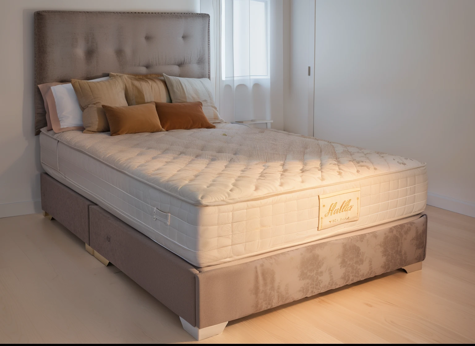 there is a bed with a mattress and a night stand in a room, un made bed, large comfy bed, bed is not made, perfect detail, bed on the right, high detail product photo, soft natural lighting, fresh modern look, furniture and decor, superior look, full length view, designed for cozy aesthetics!, bed, small bed not made, beds