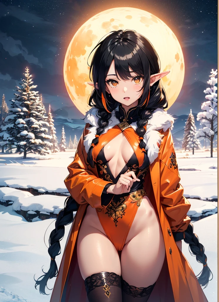 cute elf,(((little ,tiny little body,little))),((())),((anime elf with extremely cute and beautiful orange hair)), (((elf))), (((elf ears))),
(((flat chest))),((((black hair:1.35,messy orange hair,long hair,huge braids,colored inner hair,ear breathing)))),(((orange_eyes:1.3))),intricate eyes,beautiful detailed eyes,symmetrical eyes,big eyes:1.5,(((lustrous skin:1.5,bright skin: 1.5,skin tanned,shiny skin,very shiny skin,shiny body,plastic glitter skin,exaggerated shiny skin,illuminated skin))),(detailed body,(detailed face)),
cute,slutty,erotic,daring,(((nsfw))),
zettai ryouiki,revealing clothing,show skin,(((Sexy orange coat, orange coat outfit, wearing a orange coat:1.3,orange winter coat))), ((orange mini-skirt,orange mini skirt with furry edge,visible thong straps)),(white gloves,orange clothes,semi-naked,with little orange clothing,((((furry edge clothing)))),(((intricate outfit,intricate clothes,embroidered outfit,ornate outfit))),
(dynamic pose:1.0),embarrassed,(centered,scale to fit dimensions,Rule of thirds),
((snowy pine forest at night)),with dark stormy clouds,winter,scenery:1.25,((snow forest background)),Christmas tree,
highres,sharp focus,(ultra detailed,extremely detailed),(photorealistic artwork:1.37),(extremely detailed CG unity 8k wallpaper),(((vibrant colors,vibrant theme))),(intricate),(masterpiece),(best quality),