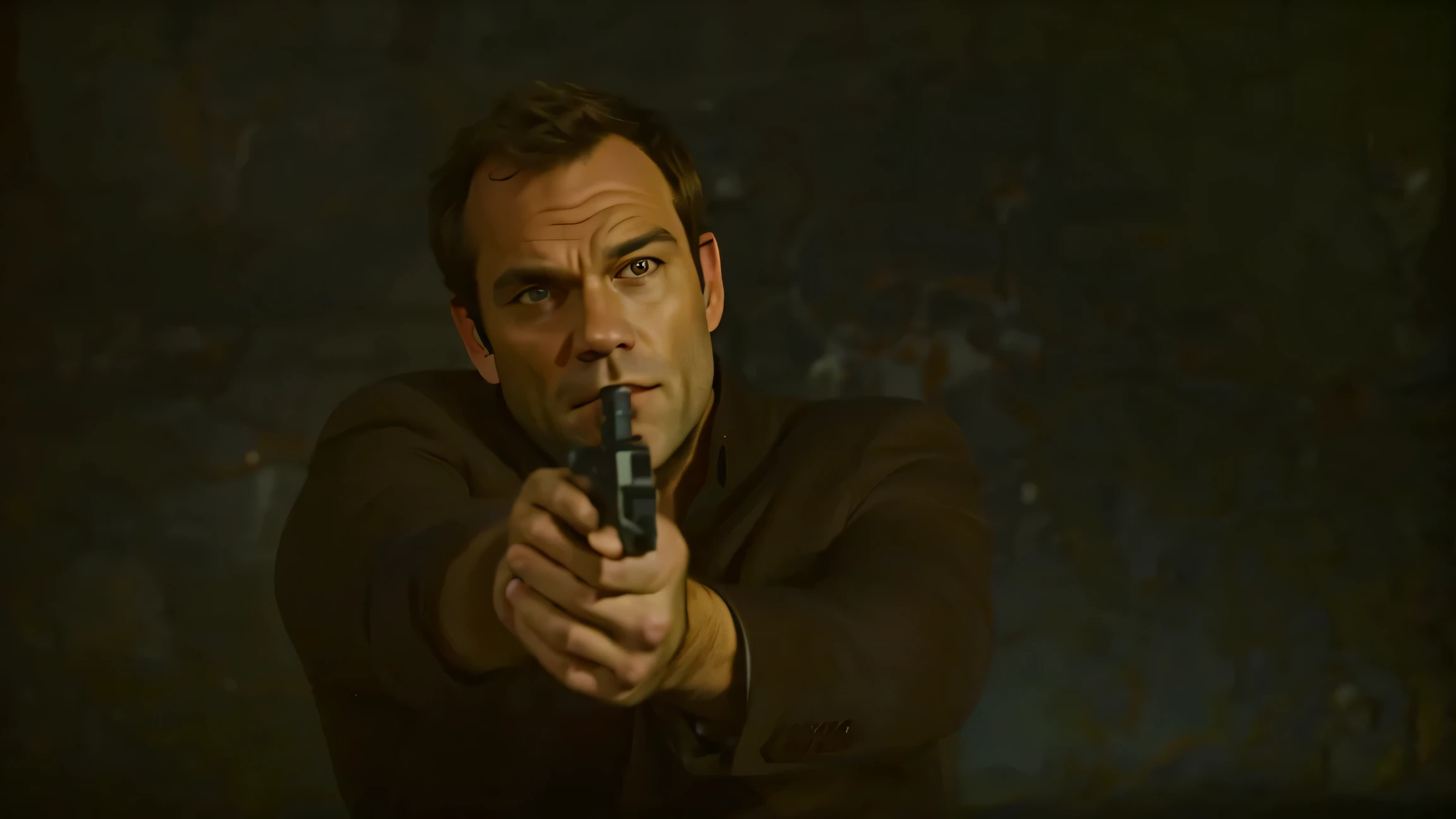 there is a man holding a gun in his hand, he has a pistol!!, dexter morgan, shot from movie, movie screencap, widescreen shot, he has a pistol, fox, movie still of james bond, movie action still frame, hd shot, movie screenshot, with pistol, gunfire, movie screen shot, marton csokas, favorite scene