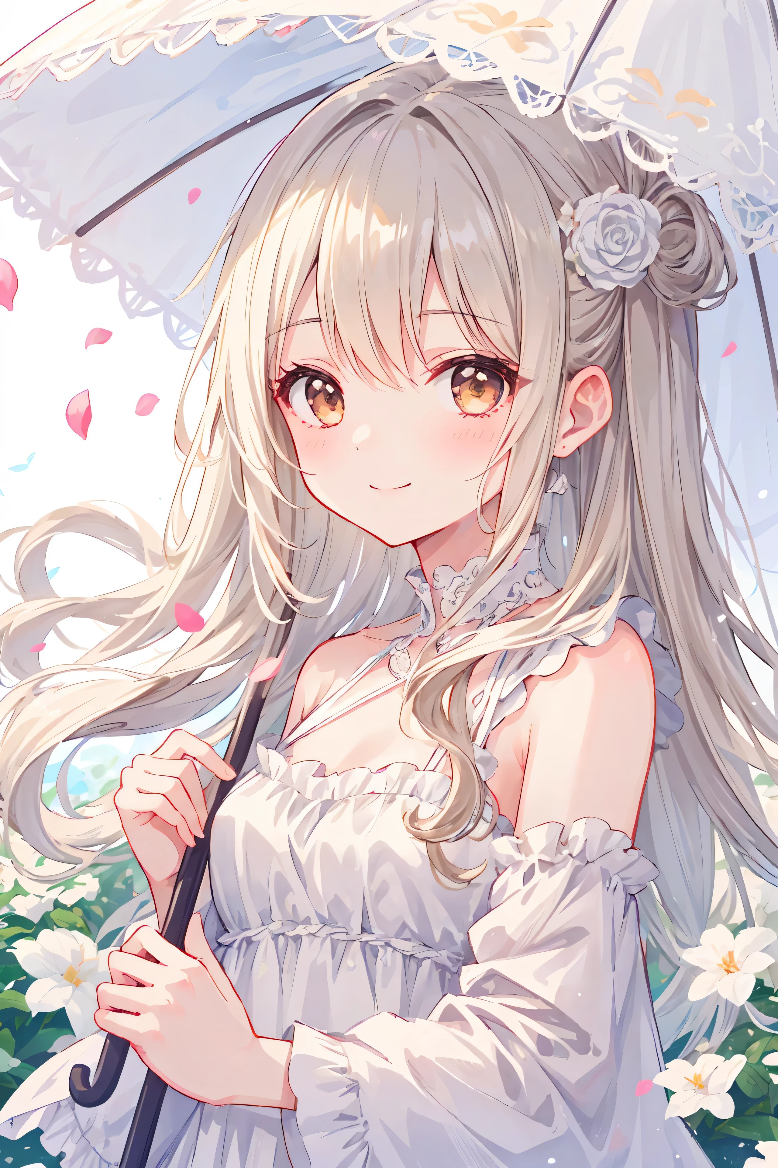 1 fille dans、chef d'oeuvre、meilleure qualité、doux sourire、yeux marrons、cheveux blancs、une pièce、Les pétales flottent、délicat、Parapluies