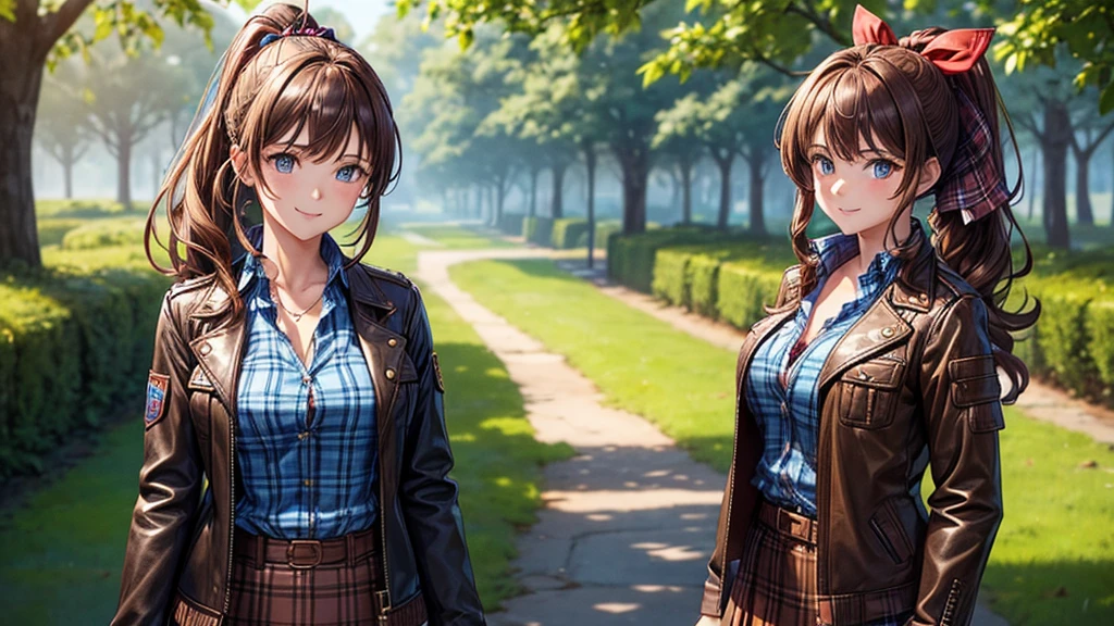 1girl, solo, village, trees, brown hair, long hair, curly hair, ponytail, large breasts, button down shirt, ((blue checked shirt)), ((unbuttoned shirt)), blue eyes, ((opened brown zipper jacket)), leather jacket, red and black skirt, smile, looking at the viewer, standng, hair ribbon, golden necklate